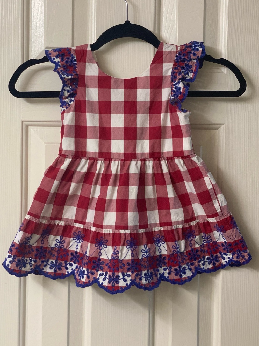 Gymboree Red and White Checkered Floral Embroidered Blue Trim Dress Size 2T